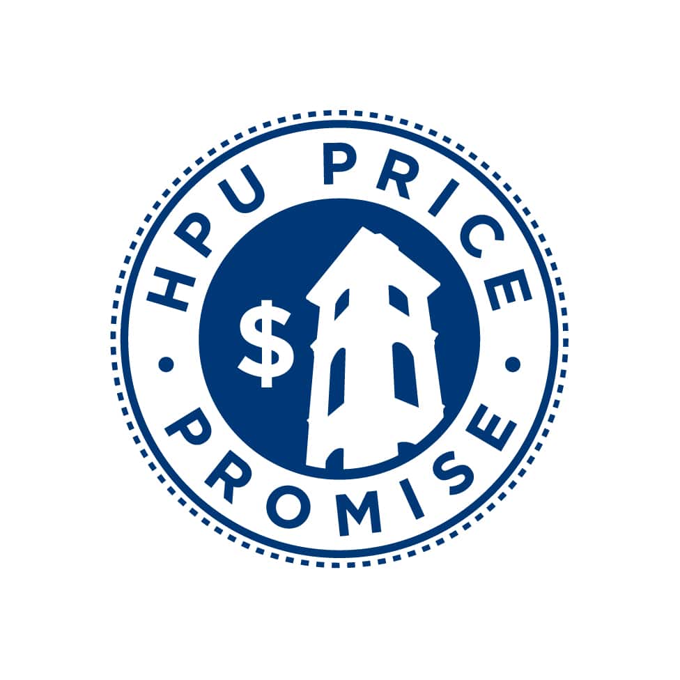 Logo of the "Howard Payne University price promise" featuring a dollar sign and a tower within a circular blue emblem. | HPU