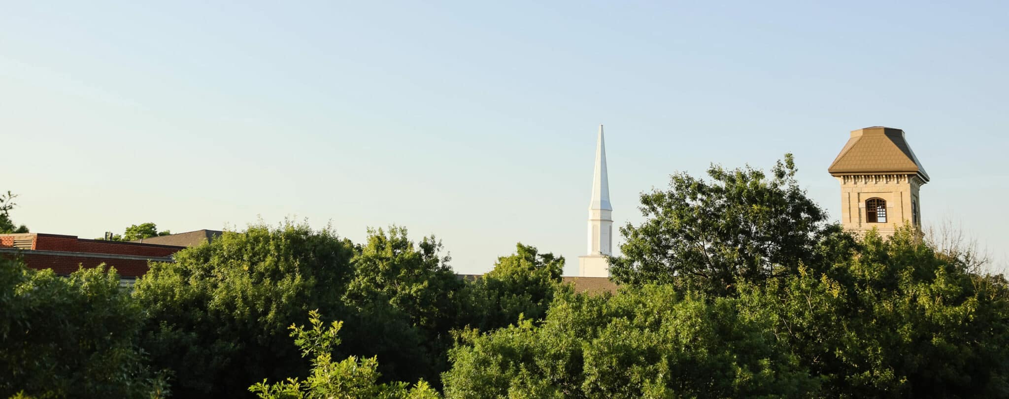A panoramic view of Howard Payne University's skyline featuring the tops of buildings with a spire and a tower, set against a clear sky with lush green foliage in the foreground. | HPU
