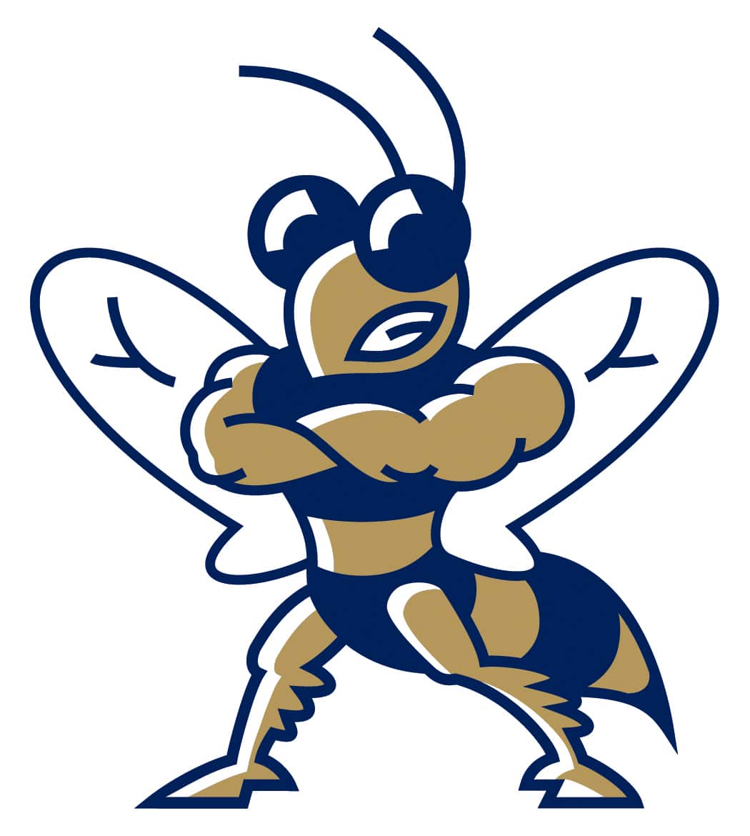 An illustrated mascot of Howard Payne University, a muscular bee in a dynamic, confident pose. | HPU