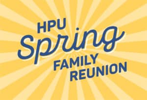 Text "Howard Payne University spring family reunion" on a yellow sunburst background. | HPU